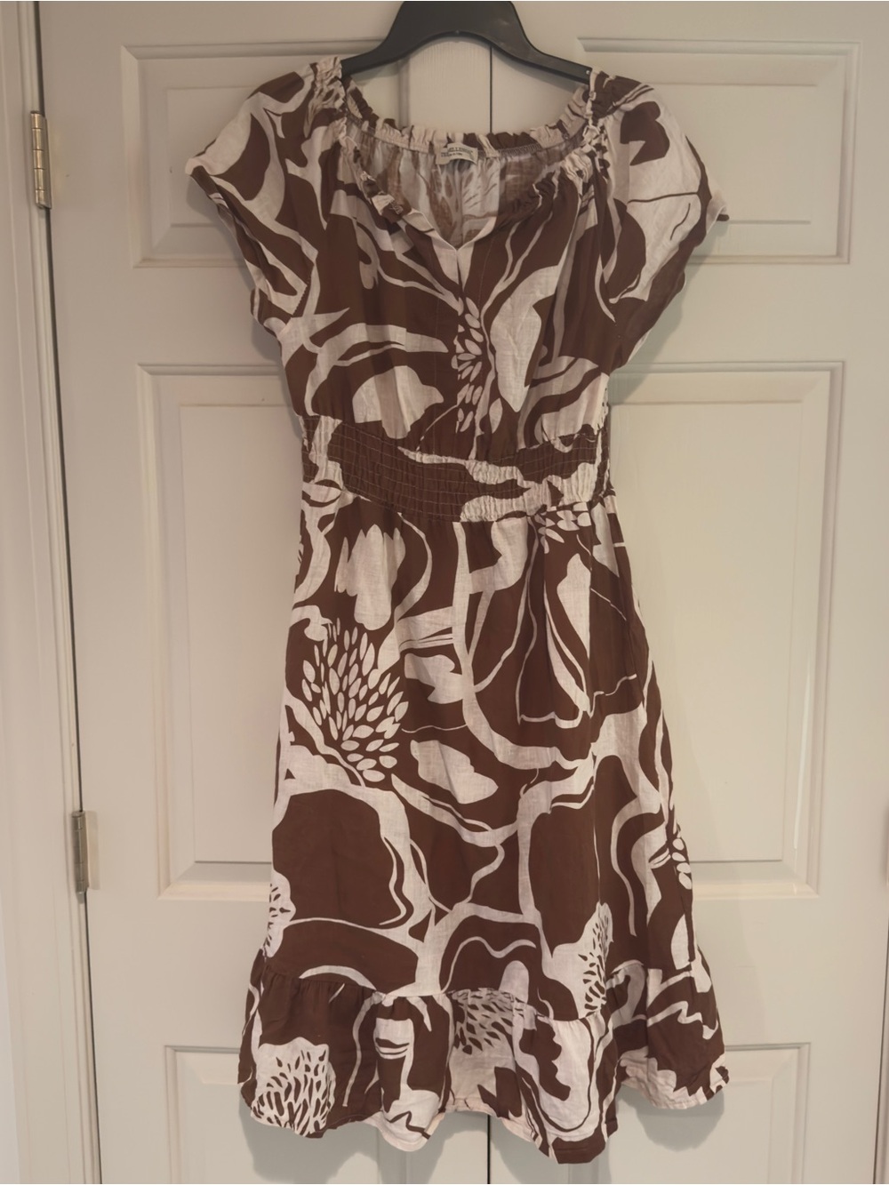Terzo Millennio brown and white floral print linen/ cotton midi dress L GUC